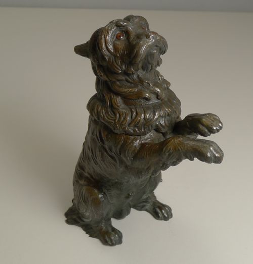 Antique English Bronze Figural Inkwell - Begging Dog with Glass Eyes C.1890