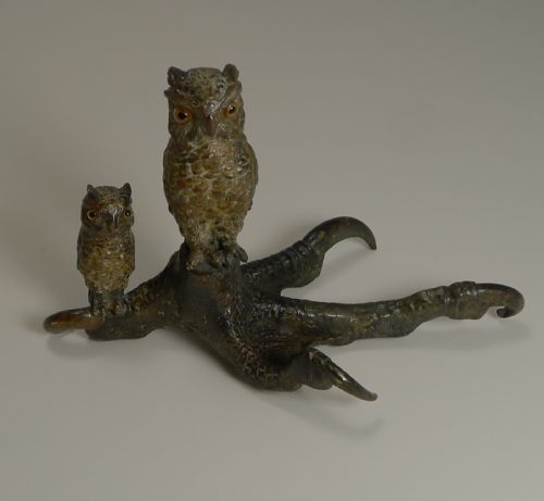 Antique Vienna Bronze Owls C.1900 - Glass Eyes