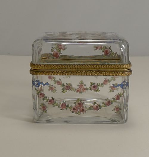 Antique French Painted Crystal Box - Ormolu Mounts Signed A.f. C.1890