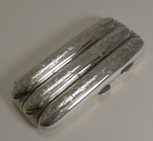 Antique English Engraved Sterling Silver Three Finger Cigar Case - 1918