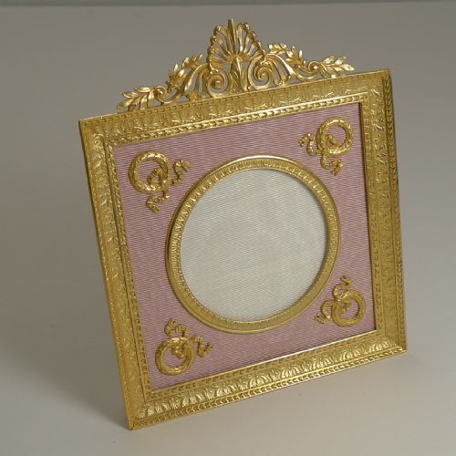 Pretty Antique French Gilded Bronze Picture Frame - Pink Taffeta