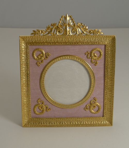 fig 1. Pretty Antique French Gilded Bronze Picture Frame - Pink Taffeta