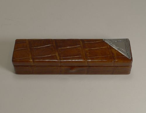 English Crocodile and Sterling Silver Cufflink / Jewellery Box - 1920