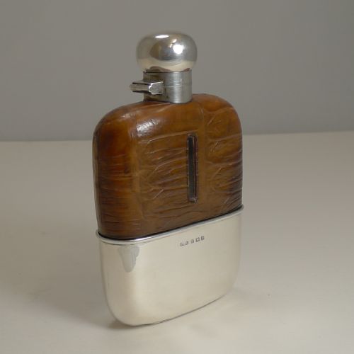ENGLISH STERLING SILVER AND CROCODILE SKIN HIP FLASK 1929 - ADDITIONAL PHOTO 1