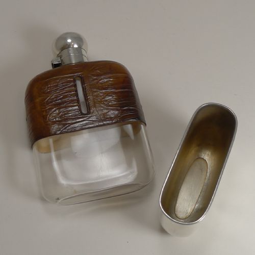 ENGLISH STERLING SILVER AND CROCODILE SKIN HIP FLASK 1929 - ADDITIONAL PHOTO 4