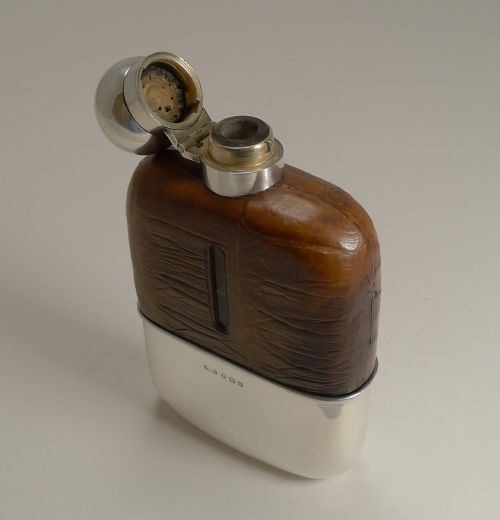 ENGLISH STERLING SILVER AND CROCODILE SKIN HIP FLASK 1929 - ADDITIONAL PHOTO 5