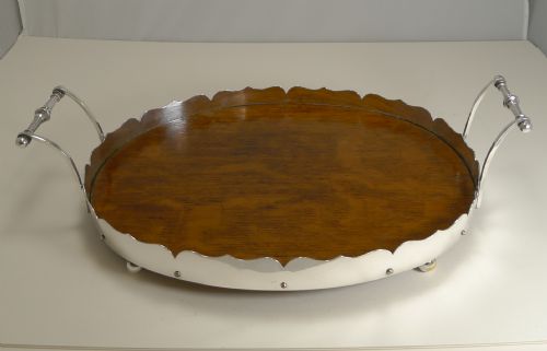 Antique English Oak and Silver Plated Tray C.1900