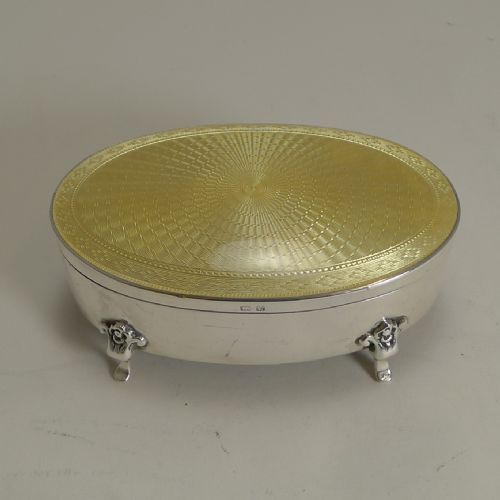 English Silver and Yellow Guilloche Enamel Jewellery / Ring Box - 1924