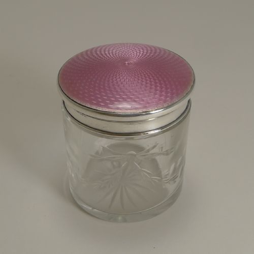 English Sterling Silver and Pink Guilloche Enamel Lidded Jar - 1927