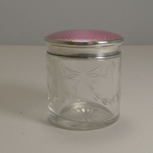 fig 1. English Sterling Silver and Pink Guilloche Enamel Lidded Jar - 1927