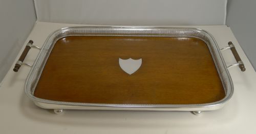 Grand Large Antique English Oak and Silver Plate Drinks / Serving Tray C.1900