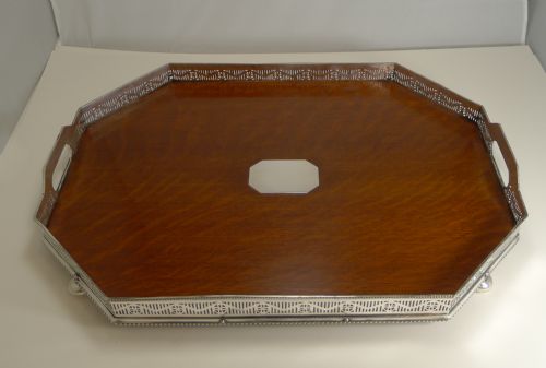 Superb Antique English Silver Plate and Oak Galleried Cocktail / Serving Tray C.1900