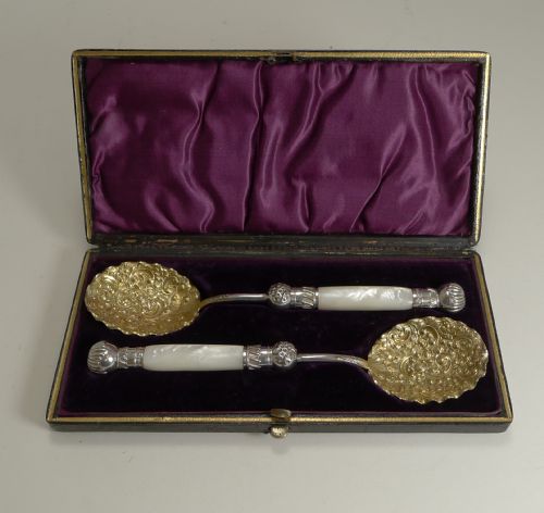 Exquisite Cased Pair Antique English Serving Spoons - Reg. For 1885