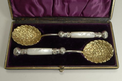 fig 1. Exquisite Cased Pair Antique English Serving Spoons - Reg. for 1885
