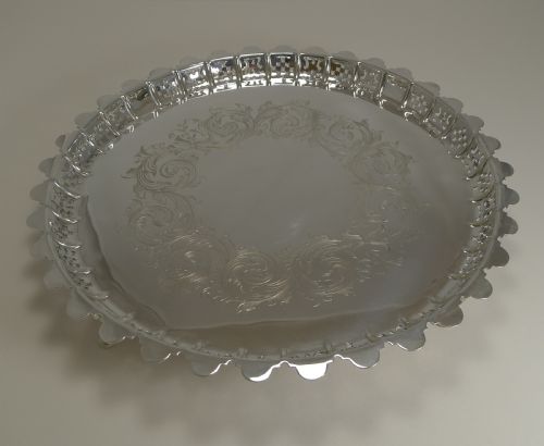 Large Antique English Silver Plated Circular Salver / Tray - 1855