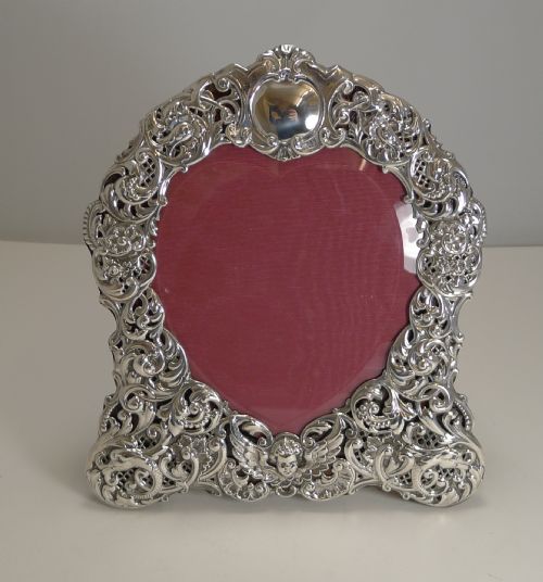 Large Antique English Sterling Silver Photograph / Picture Frame - Heart - 1898