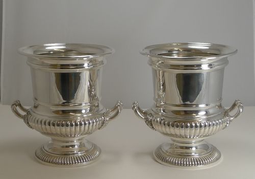 Handsome Large Pair Antique Silver Plated Wine Coolers C.1910