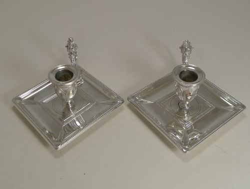 Unusual Pair Antique English Silver Plate Chamber Sticks by James Dixon and Sons