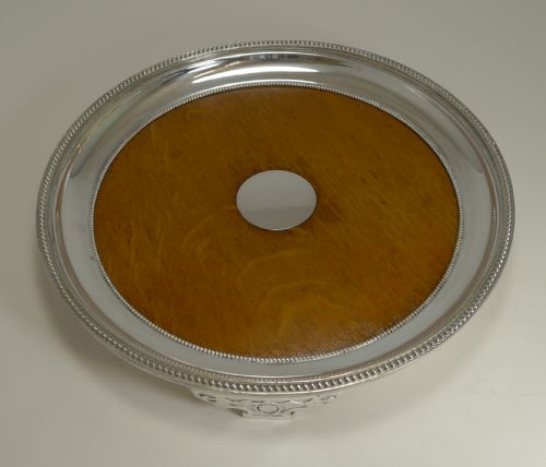 Antique English Circular Silver Plate and Oak Serving Tray - Registered 1871