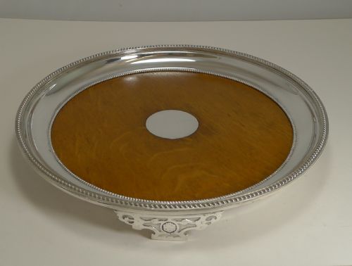 fig 1. Antique English Circular Silver Plate and Oak Serving Tray - Registered 1871