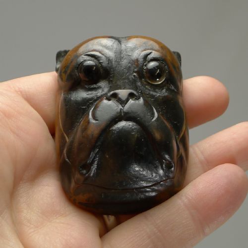 Antique Olive Wood Postage Stamp Box - Bulldog C.1890