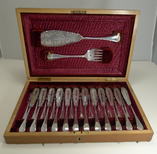 Antique English Fish Knives and Forks Plus Servers C.1900 in Silver Plate