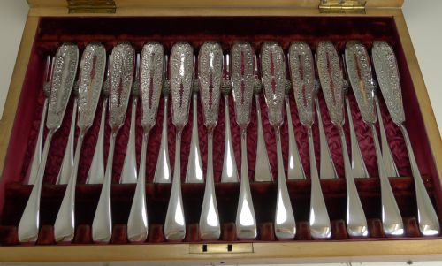 fig 1. Antique English Fish Knives and Forks Plus Servers c.1900 In Silver Plate