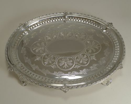 Antique English Silver Plated Oval Serving Tray / Salver C.1869