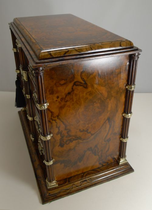 ANTIQUE ENGLISH BURR WALNUT AND BRASS CIGAR CABINET HUMIDOR C1880 - ADDITIONAL PHOTO 4