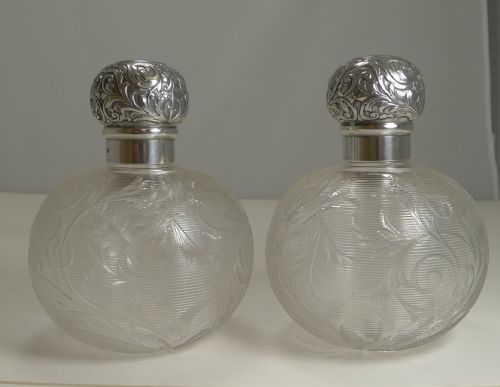 Finest Pair Antique English Silver Topped Perfume Bottles by Asprey, London