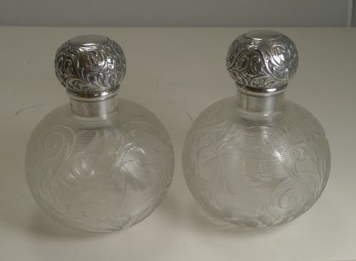 fig 1. Finest Pair Antique English Silver Topped Perfume Bottles by Asprey, London