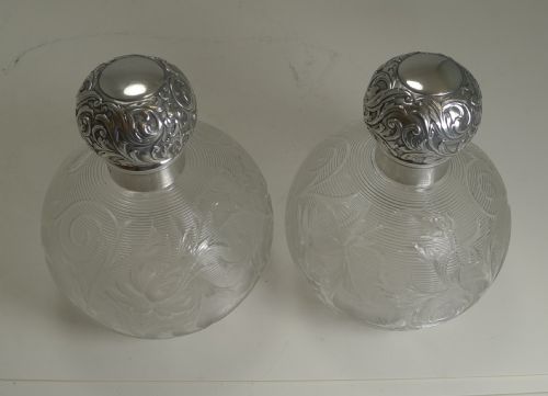 fig 2. Finest Pair Antique English Silver Topped Perfume Bottles by Asprey, London