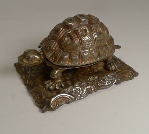 Rare Antique English Gilded Novelty / Figural Inkwell C.1880 - Tortoise or Turtle