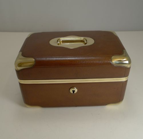Fine Antique French Leather and Brass Jewellery Box C.1890 - Signed M.g Paris
