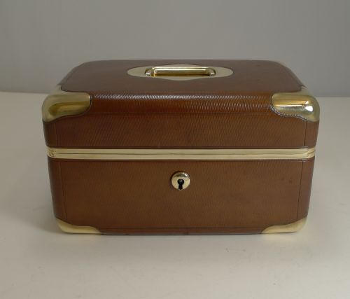 fig 1. Fine Antique French Leather and Brass Jewellery Box c.1890 - Signed M.G Paris