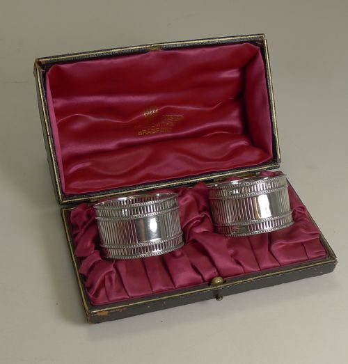 Unusual Smart Pair Antique English Sterling Silver Napkin Rings - 1902