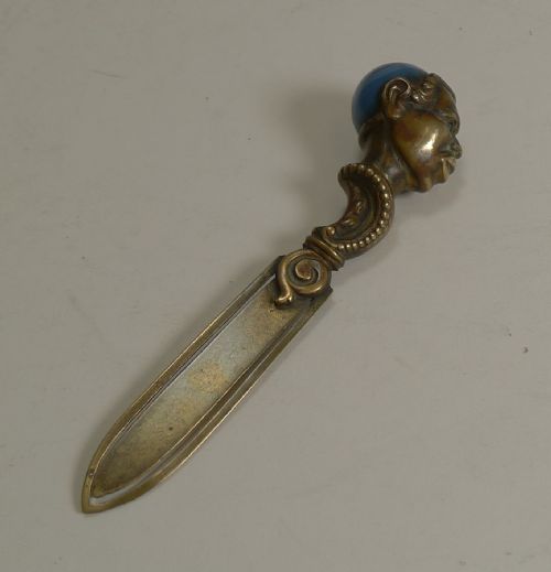 Rare Antique Brass Figural Bookmark - Negro / Blackamoor - Scottish Agate C.1890