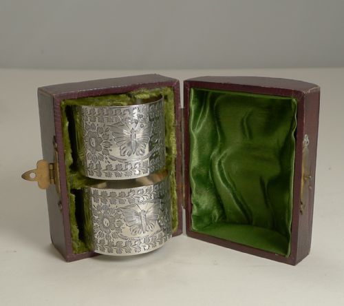 Pair Antique English Sterling Silver Napkin Rings - 1888 - Butterflies