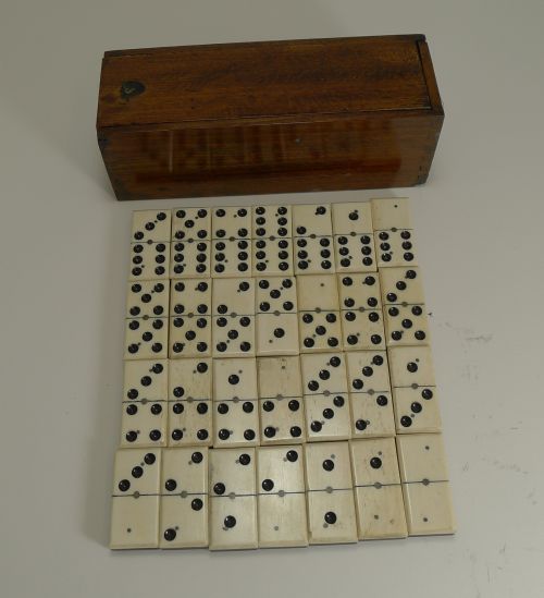 Antique English Boxed Set Bone & Ebony Wood Dominoes C.1900