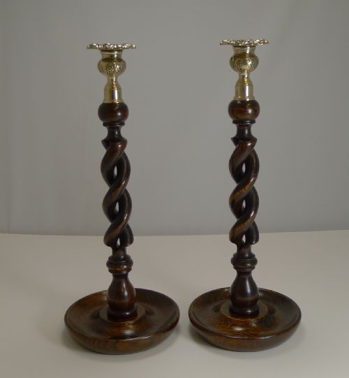 Pair 14" Solid Oak Open Barley Twist Candlesticks - Brass Tops