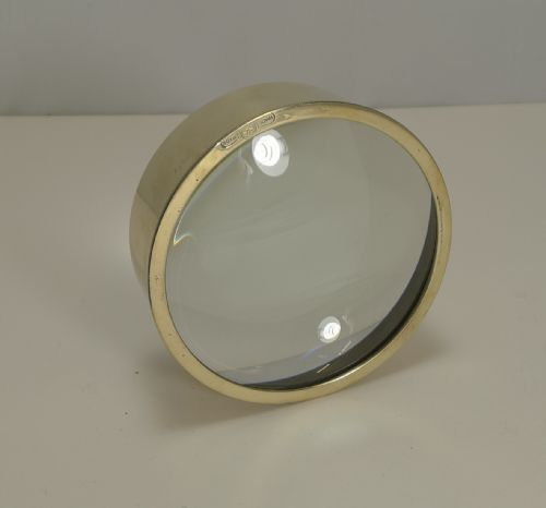 Large English Antique Brass Desk Magnifying Glass / Paperweight C.1910
