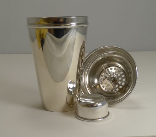 Vintage English Art Deco Silver Plated Cocktail Shaker with Integral Ice Breaker C.1930