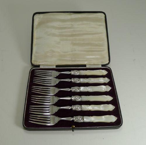 Set Six English Sterling Silver & Mother of Pearl Cake or Desert Forks - 1927