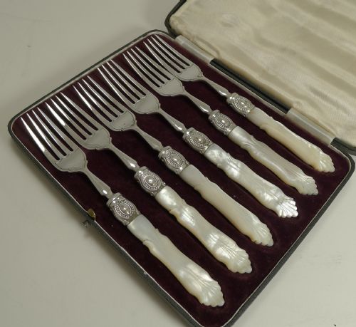 fig 1. Set Six English Sterling Silver & Mother of Pearl Cake or Desert Forks - 1927