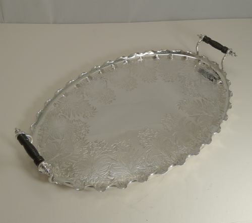 Antique English Fern Engraved Serving / Drinks / Cocktail Tray by Daniel and Arter C.1900