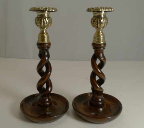 Pair 9" Antique English Oak Barley Twist Candlesticks - Brass Thistle Tops