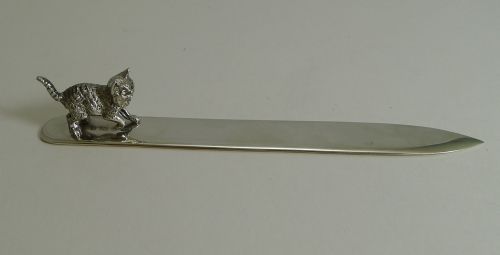 Antique English Sterling Silver Letter Opener - Cat - 1905