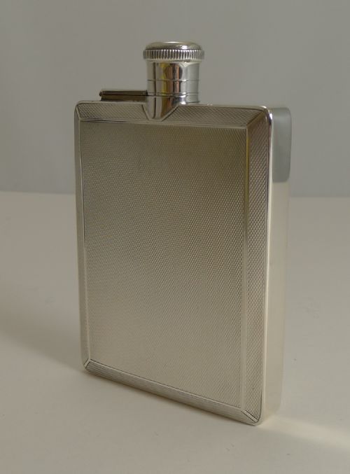 Smart English Art Deco Sterling Silver Hip Flask by Mappin and Webb