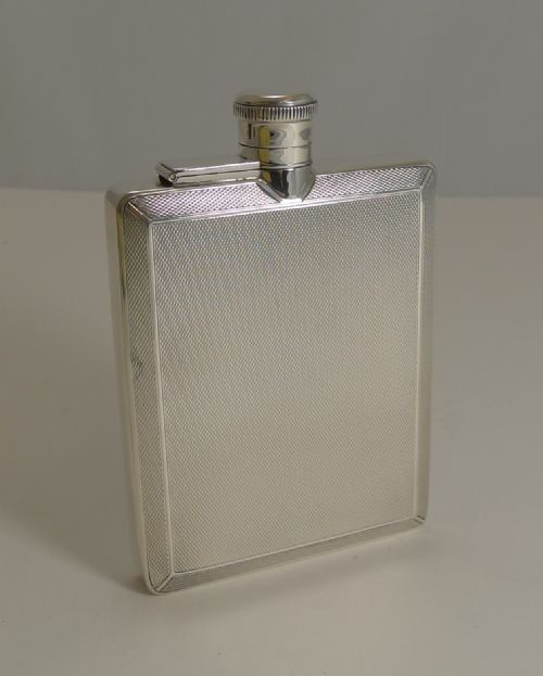 fig 1. Smart English Art Deco Sterling Silver Hip Flask by Mappin and Webb
