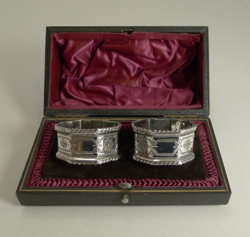 Quality Pair Antique English Sterling Silver Napkin Rings by Walker and Hall